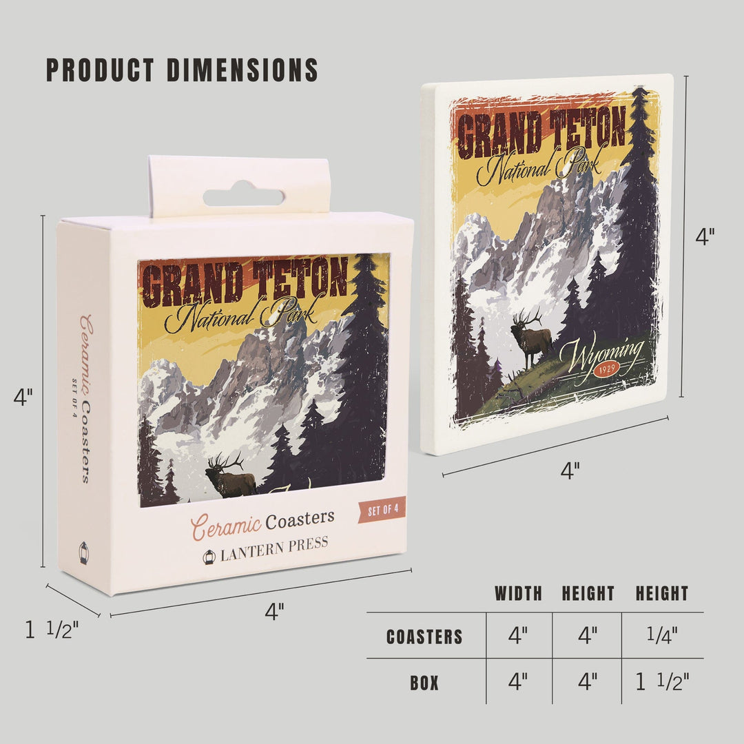 Grand Teton National Park, Wyoming, Mountain View & Elk, Distressed, Lantern Press Artwork, Coaster Set - Lantern Press