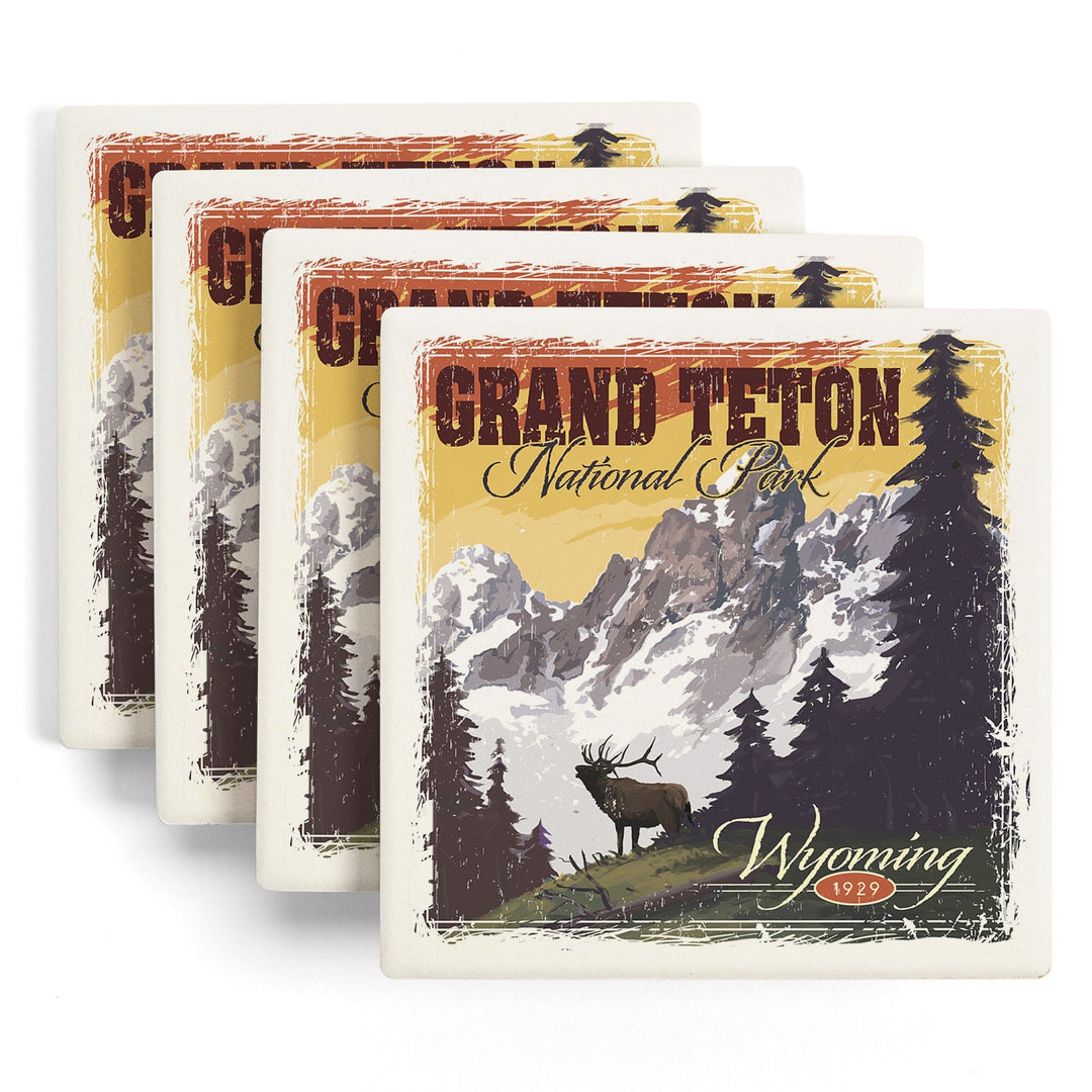 Grand Teton National Park, Wyoming, Mountain View & Elk, Distressed, Lantern Press Artwork, Coaster Set - Lantern Press