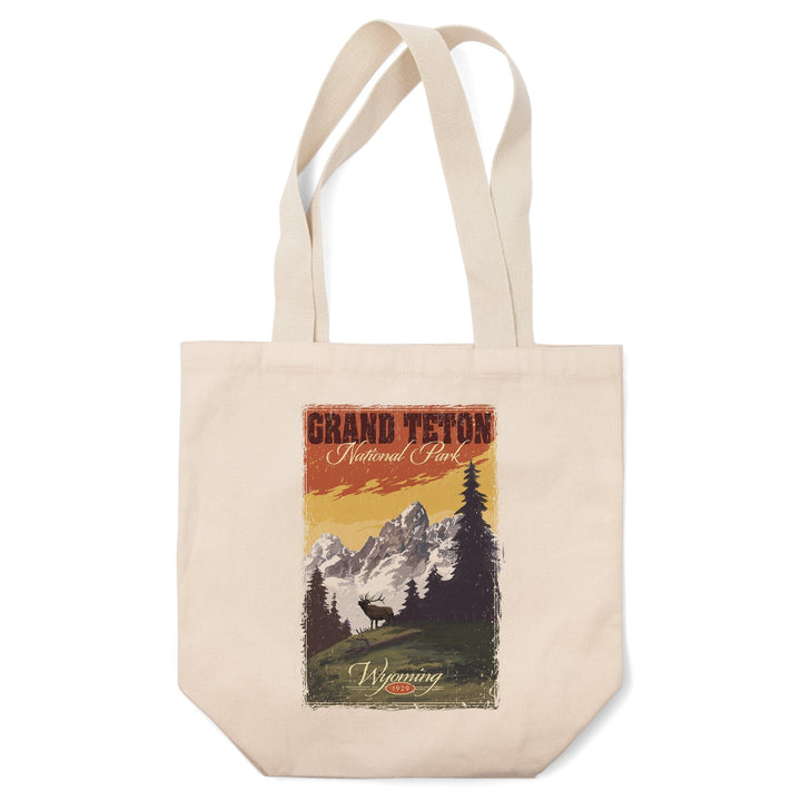 Grand Teton National Park, Wyoming, Mountain View & Elk, Distressed, Lantern Press Artwork, Tote Bag Totes Lantern Press 