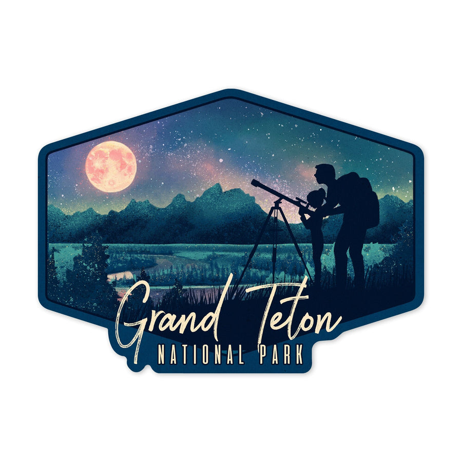 Grand Teton National Park, Wyoming, Night Sky, Textured Watercolor, Contour, Vinyl Sticker - Lantern Press