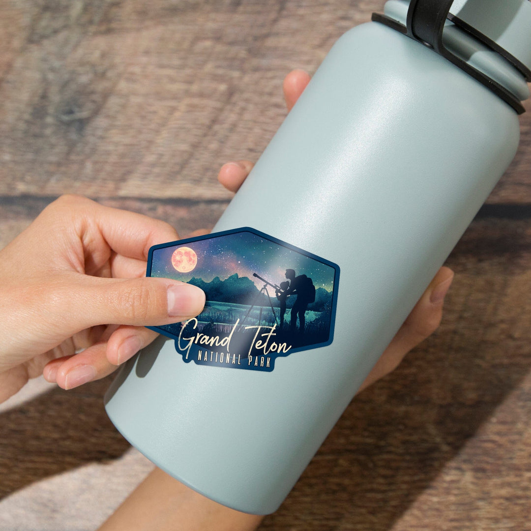 Grand Teton National Park, Wyoming, Night Sky, Textured Watercolor, Contour, Vinyl Sticker - Lantern Press