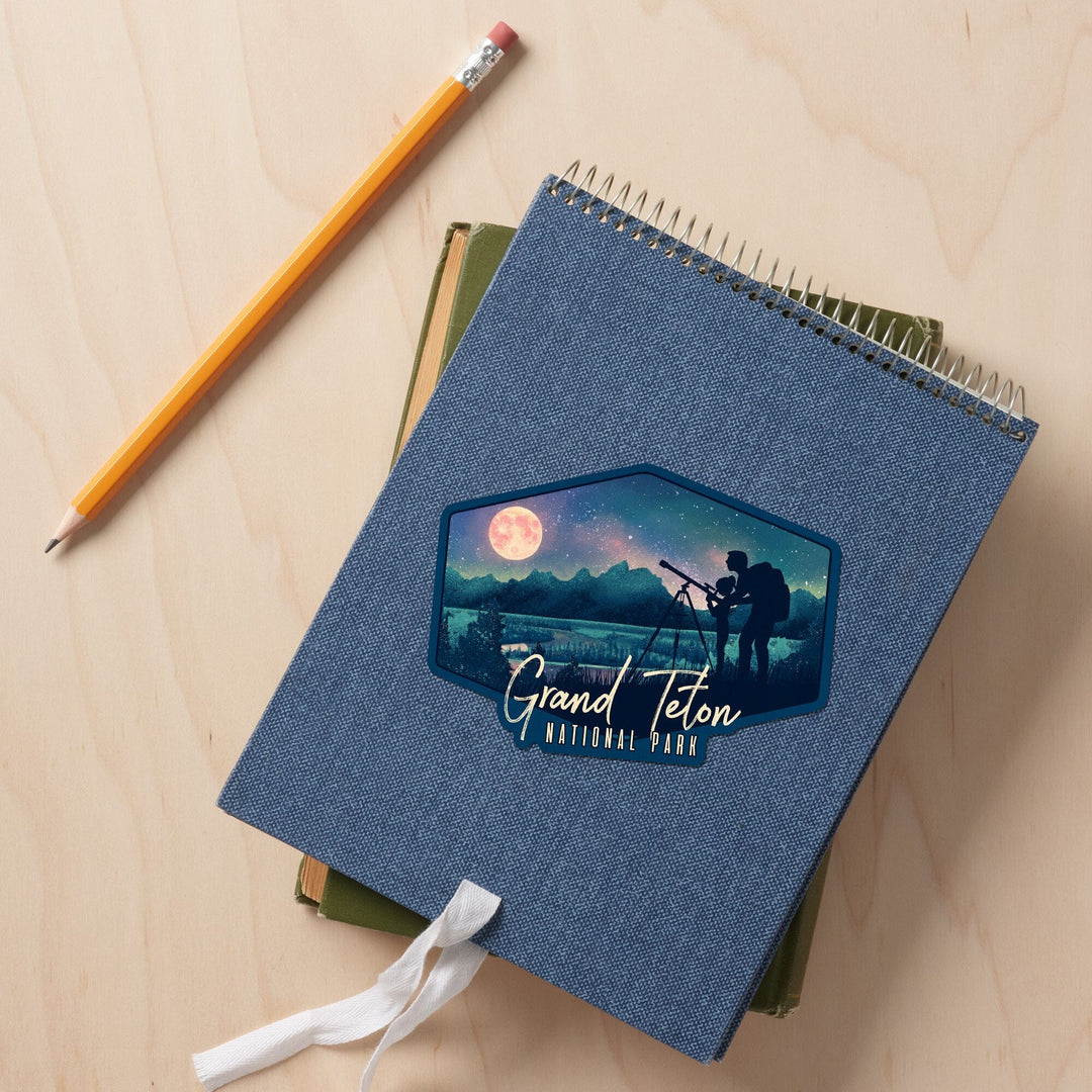 Grand Teton National Park, Wyoming, Night Sky, Textured Watercolor, Contour, Vinyl Sticker - Lantern Press