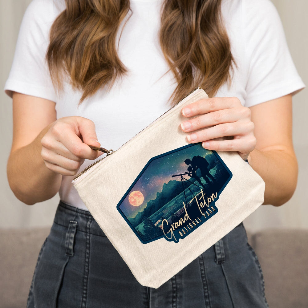 Grand Teton National Park, Wyoming, Night Sky, Textured Watercolor,, Organic Cotton Zipper Pouch, Go Bag Go Bag Lantern Press 