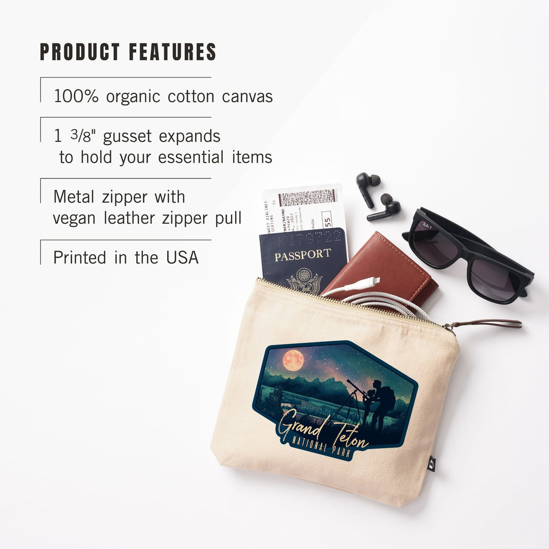 Grand Teton National Park, Wyoming, Night Sky, Textured Watercolor,, Organic Cotton Zipper Pouch, Go Bag Go Bag Lantern Press 