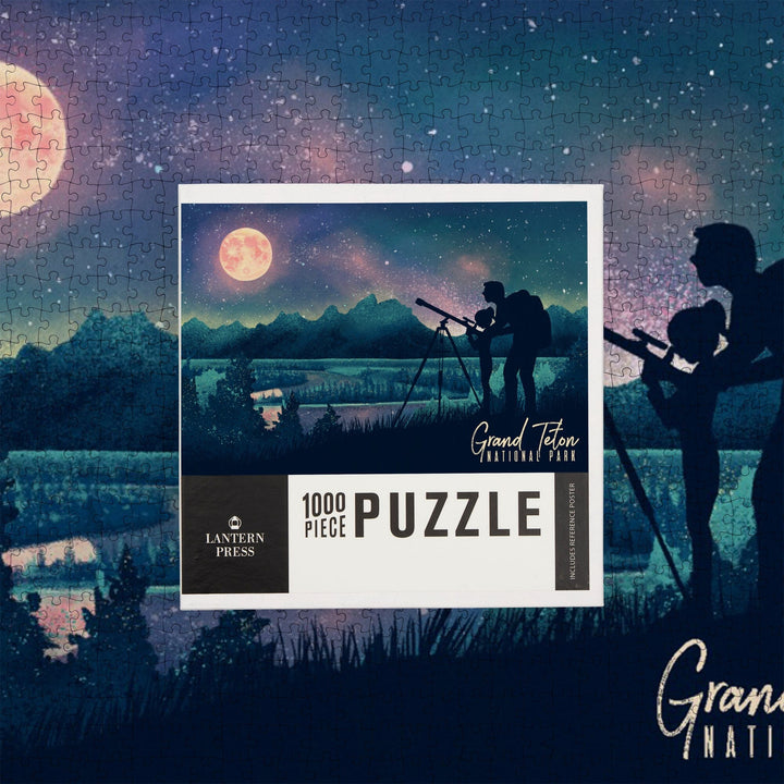 Grand Teton National Park, Wyoming, Night Sky Viewing, Textured Watercolor, Jigsaw Puzzle Puzzle Lantern Press 
