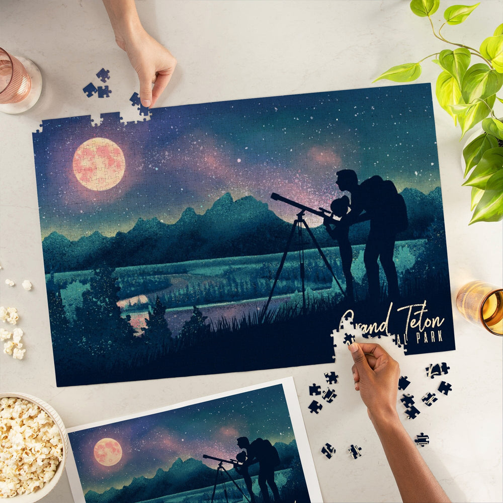 Grand Teton National Park, Wyoming, Night Sky Viewing, Textured Watercolor, Jigsaw Puzzle Puzzle Lantern Press 