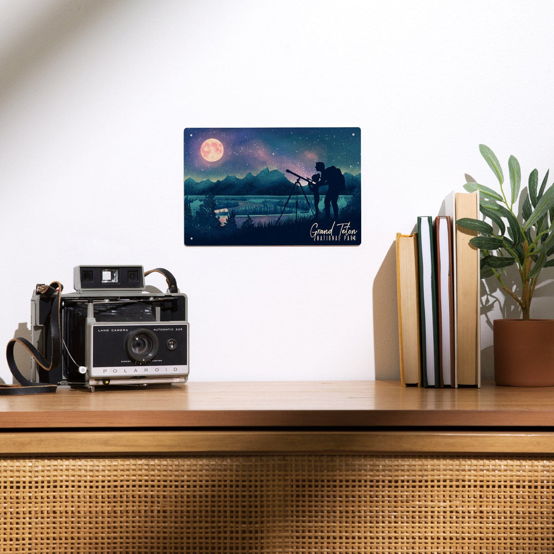 Grand Teton National Park, Wyoming, Night Sky Viewing, Textured Watercolor, Metal Signs Metal Lantern Press 