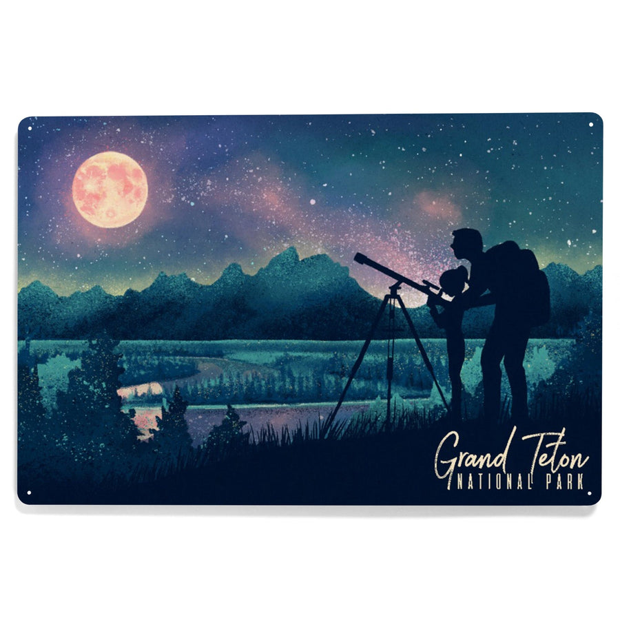 Grand Teton National Park, Wyoming, Night Sky Viewing, Textured Watercolor, Metal Signs Metal Lantern Press 