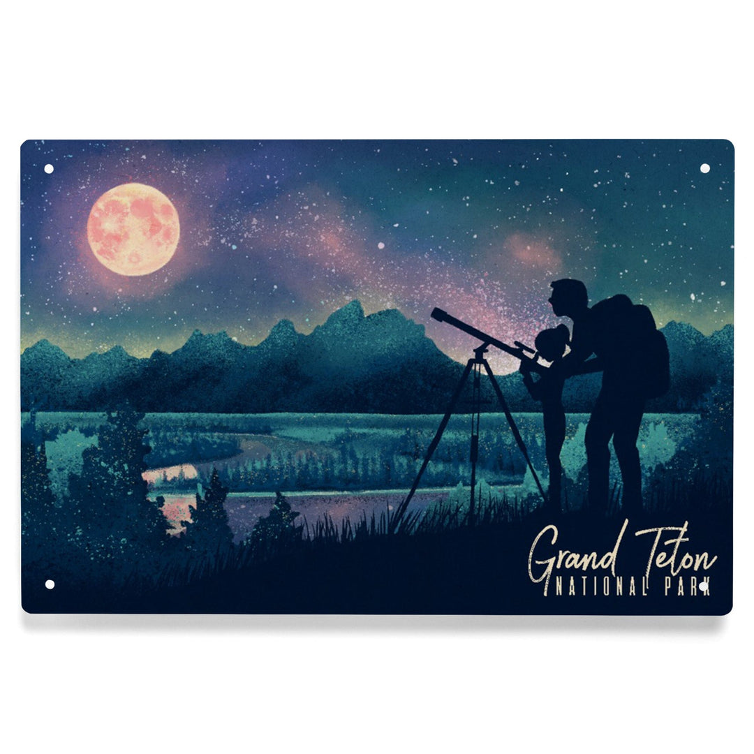 Grand Teton National Park, Wyoming, Night Sky Viewing, Textured Watercolor, Metal Signs Metal Lantern Press 