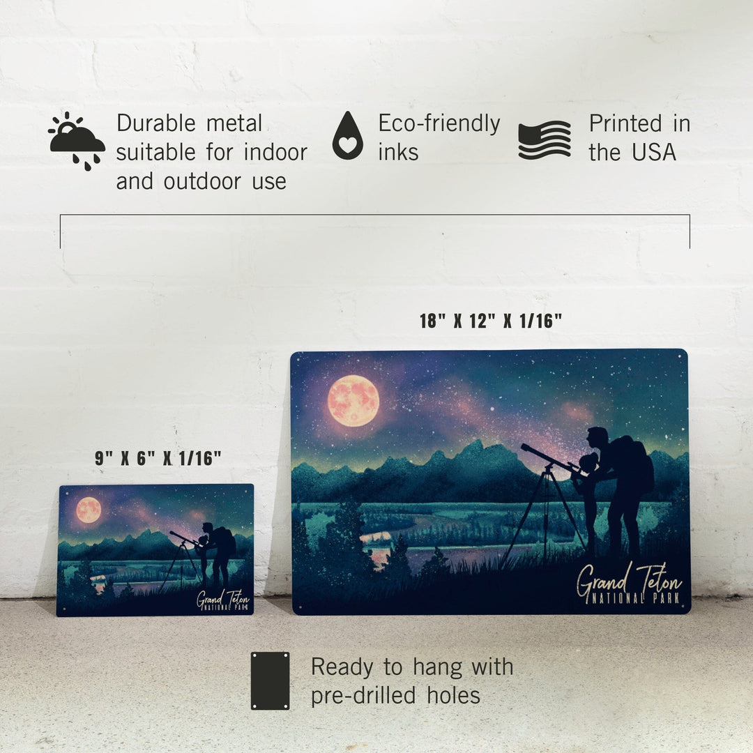 Grand Teton National Park, Wyoming, Night Sky Viewing, Textured Watercolor, Metal Signs Metal Lantern Press 