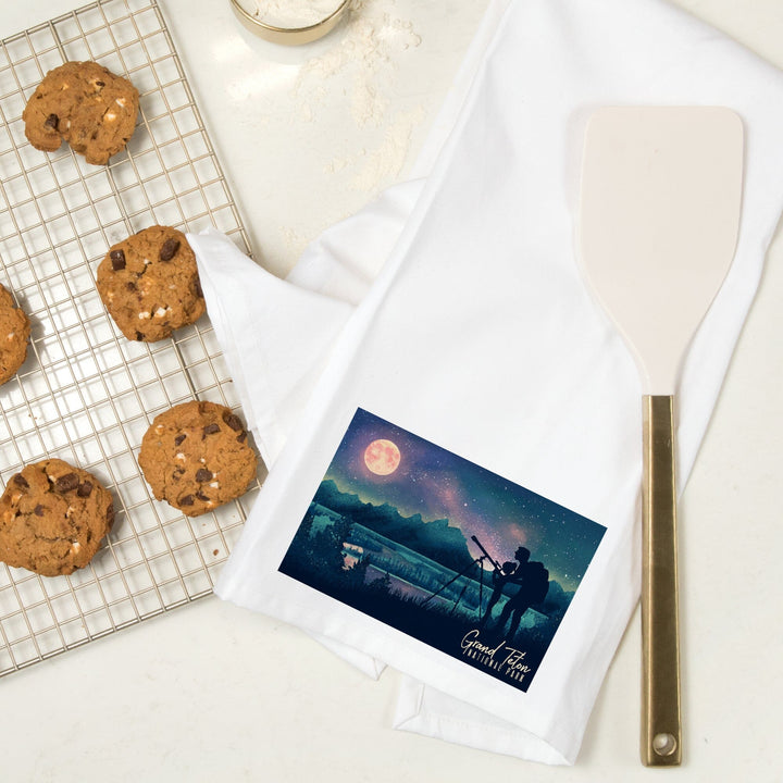 Grand Teton National Park, Wyoming, Night Sky Viewing, Textured Watercolor, Organic Cotton Kitchen Tea Towels Kitchen Lantern Press 