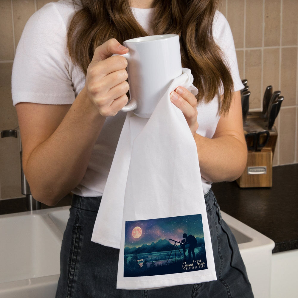 Grand Teton National Park, Wyoming, Night Sky Viewing, Textured Watercolor, Organic Cotton Kitchen Tea Towels Kitchen Lantern Press 