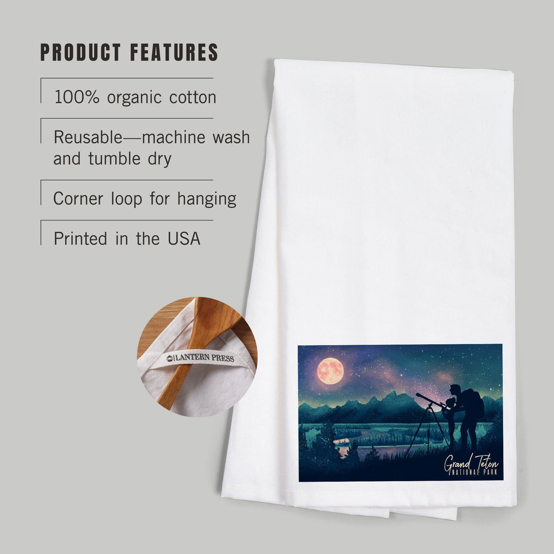 Grand Teton National Park, Wyoming, Night Sky Viewing, Textured Watercolor, Organic Cotton Kitchen Tea Towels Kitchen Lantern Press 
