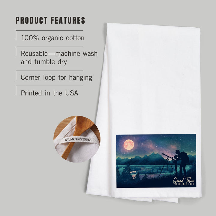 Grand Teton National Park, Wyoming, Night Sky Viewing, Textured Watercolor, Organic Cotton Kitchen Tea Towels Kitchen Lantern Press 