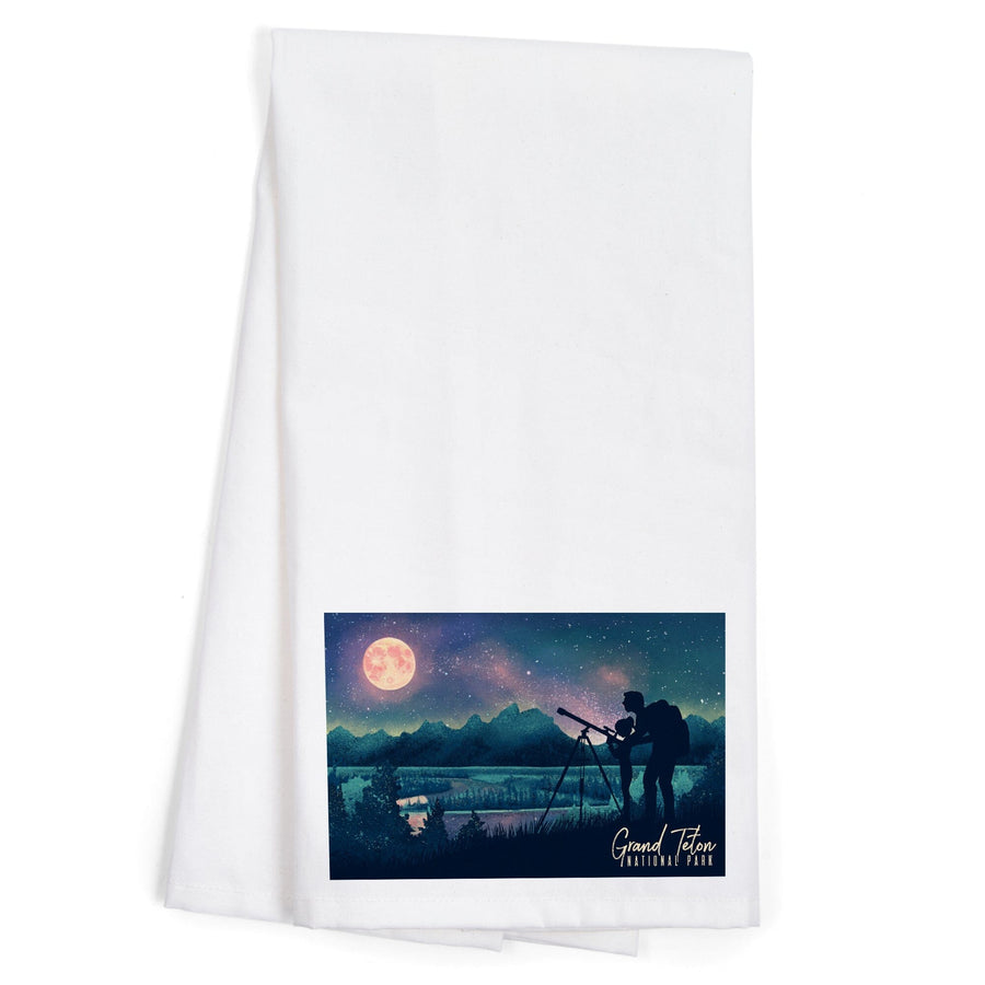 Grand Teton National Park, Wyoming, Night Sky Viewing, Textured Watercolor, Organic Cotton Kitchen Tea Towels Kitchen Lantern Press 