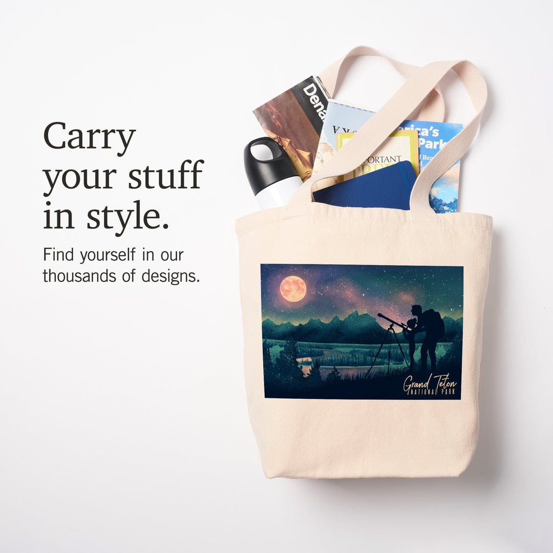 Grand Teton National Park, Wyoming, Night Sky Viewing, Textured Watercolor, Tote Bag Totes Lantern Press 