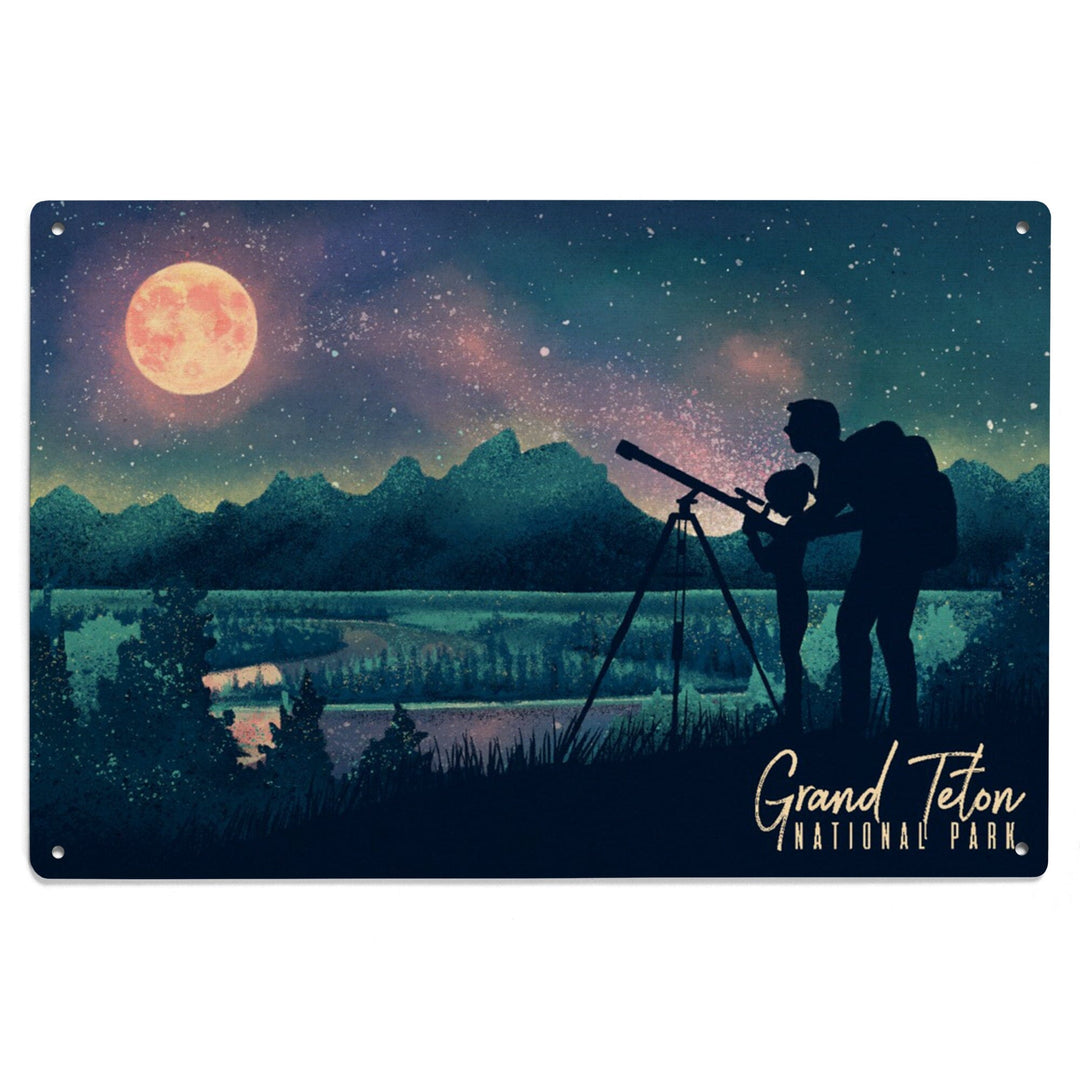 Grand Teton National Park, Wyoming, Night Sky Viewing, Textured Watercolor, Wood Signs and Postcards Wood Lantern Press 