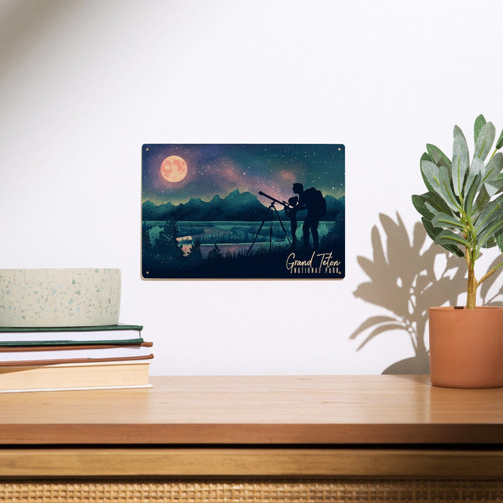 Grand Teton National Park, Wyoming, Night Sky Viewing, Textured Watercolor, Wood Signs and Postcards Wood Lantern Press 