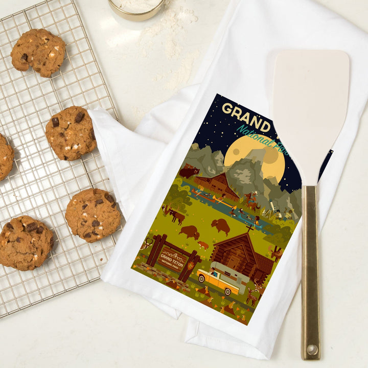 Grand Teton National Park, Wyoming, Nighttime Geometric, Organic Cotton Kitchen Tea Towels Kitchen Lantern Press 