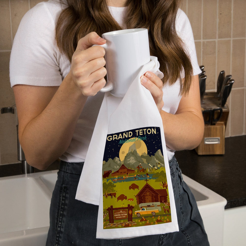 Grand Teton National Park, Wyoming, Nighttime Geometric, Organic Cotton Kitchen Tea Towels Kitchen Lantern Press 