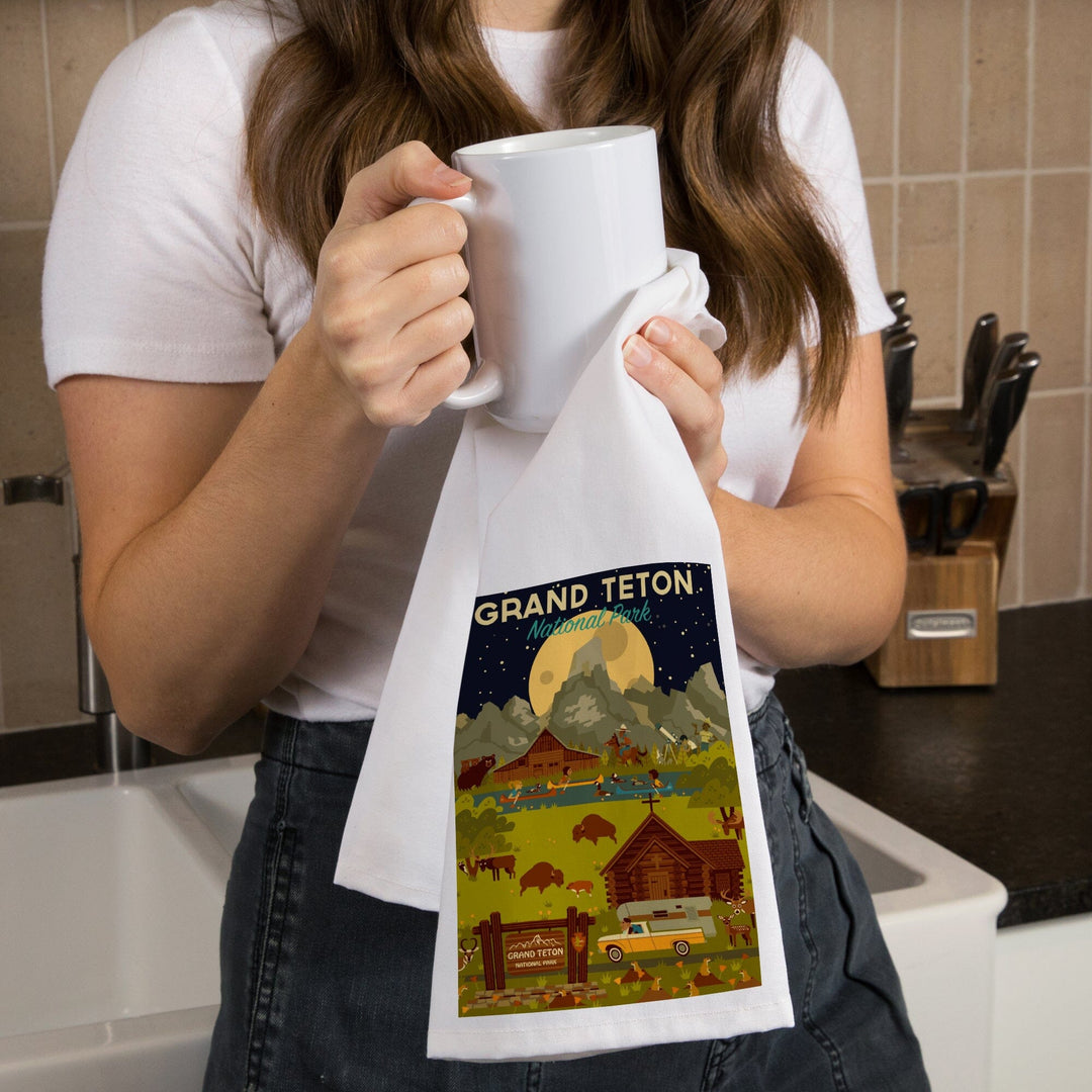 Grand Teton National Park, Wyoming, Nighttime Geometric, Organic Cotton Kitchen Tea Towels Kitchen Lantern Press 