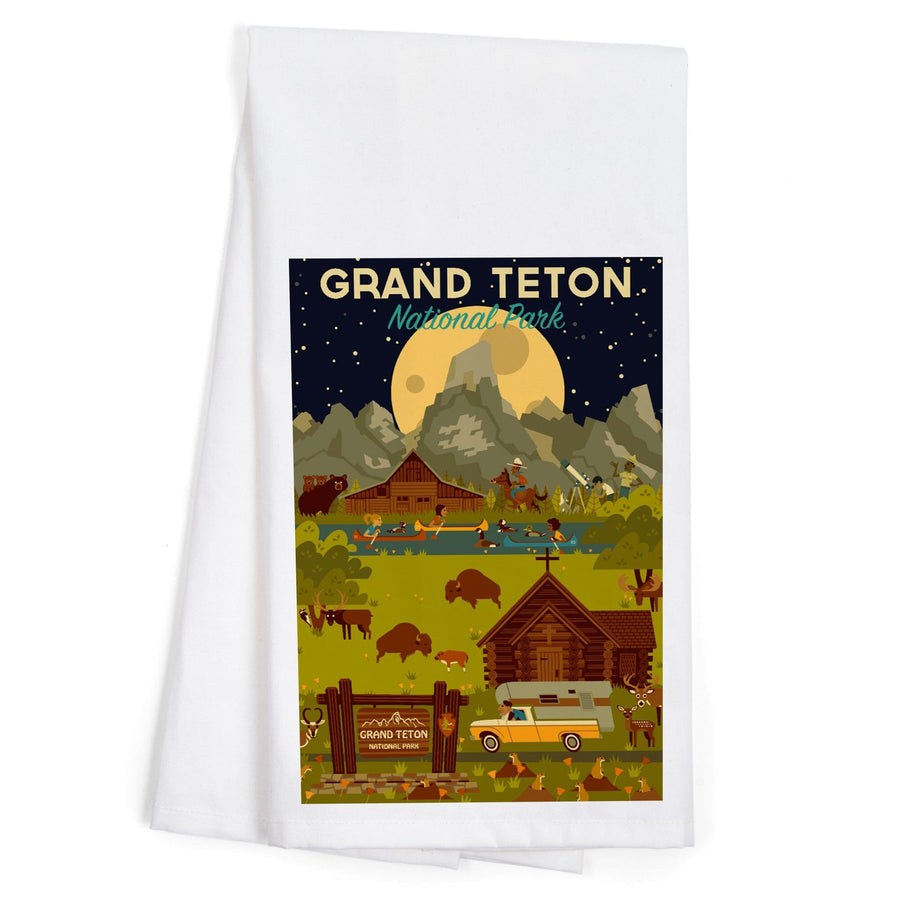 Grand Teton National Park, Wyoming, Nighttime Geometric, Organic Cotton Kitchen Tea Towels Kitchen Lantern Press 