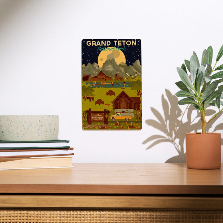 Grand Teton National Park, Wyoming, Nighttime Geometric, Wood Signs and Postcards Wood Lantern Press 