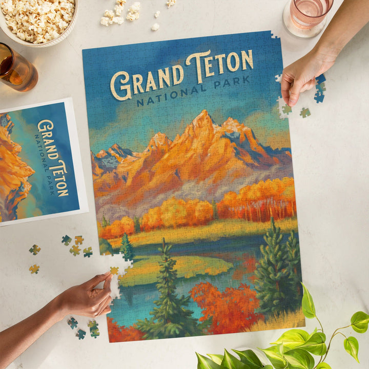 Grand Teton National Park, Wyoming, Oil Painting, Jigsaw Puzzle Puzzle Lantern Press 
