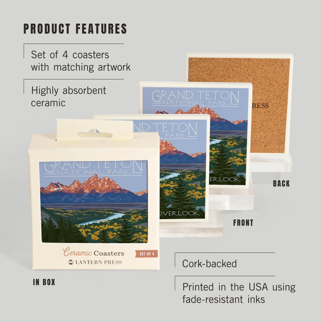 Grand Teton National Park, Wyoming, Snake River Overlook, Lantern Press Artwork, Coaster Set - Lantern Press