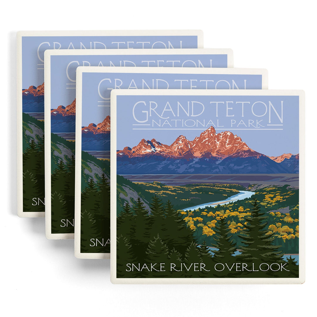 Grand Teton National Park, Wyoming, Snake River Overlook, Lantern Press Artwork, Coaster Set - Lantern Press