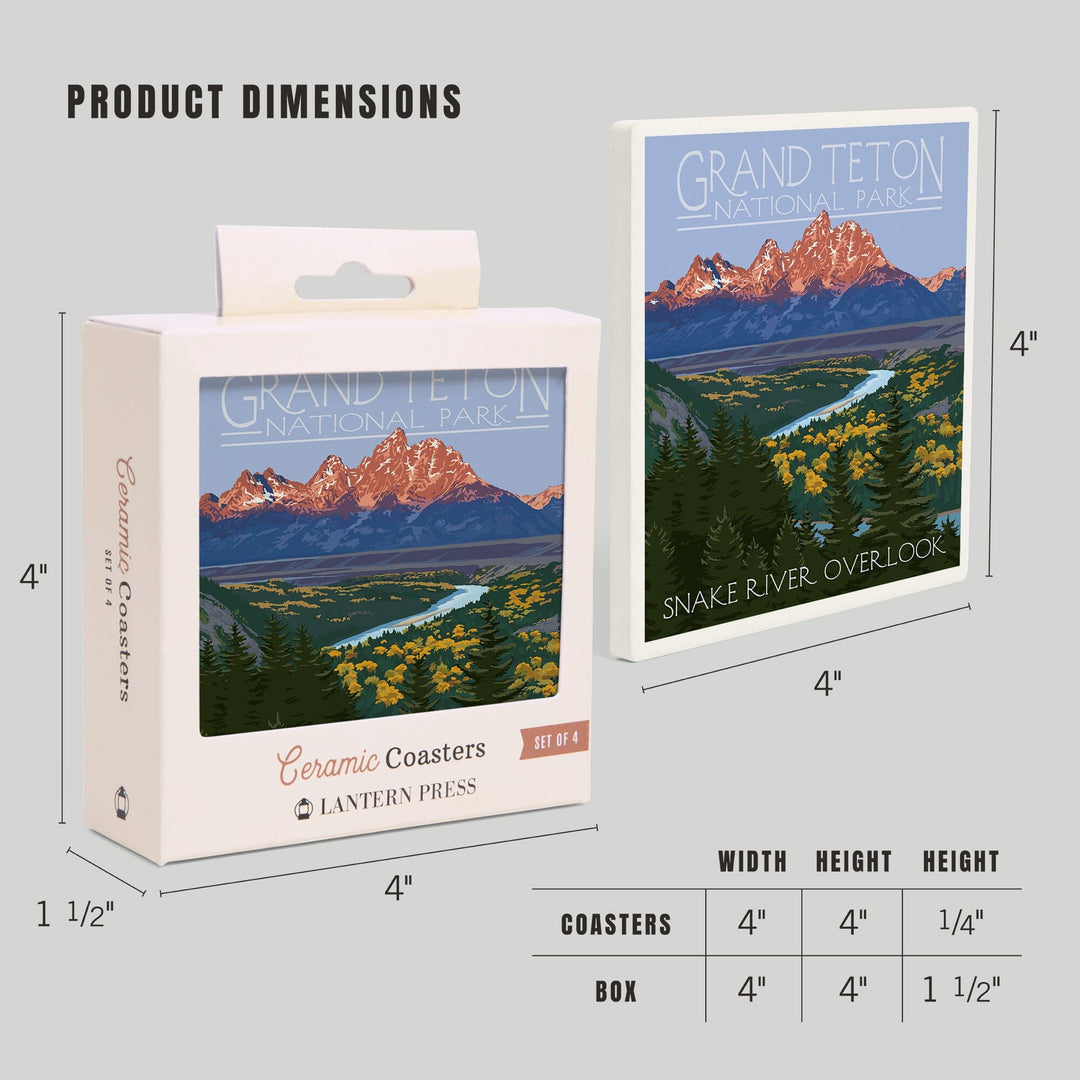 Grand Teton National Park, Wyoming, Snake River Overlook, Lantern Press Artwork, Coaster Set - Lantern Press