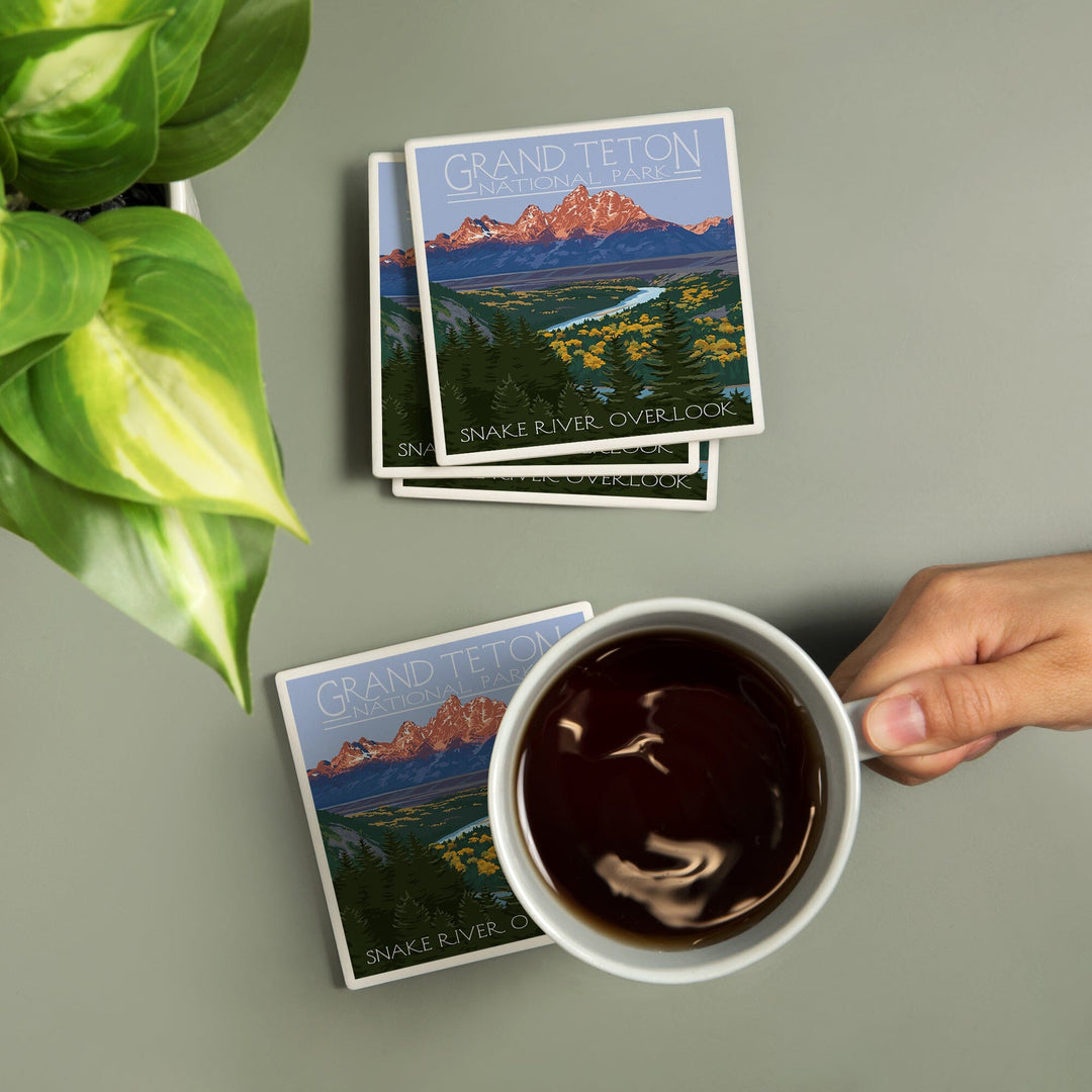 Grand Teton National Park, Wyoming, Snake River Overlook, Lantern Press Artwork, Coaster Set - Lantern Press