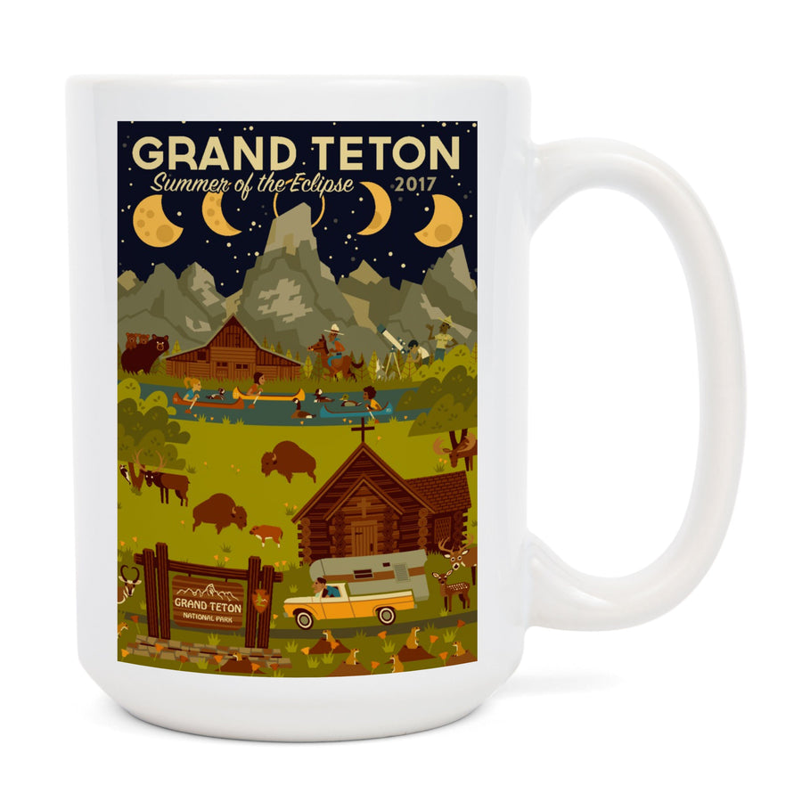 Grand Teton National Park, Wyoming, Summer of the Eclipse, Geometric, Lantern Press Artwork, Ceramic Mug Mugs Lantern Press 