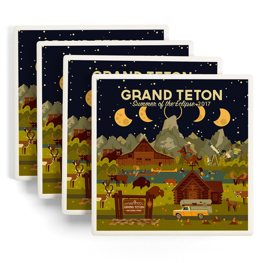 Grand Teton National Park, Wyoming, Summer of the Eclipse, Geometric, Lantern Press Artwork, Coaster Set - Lantern Press