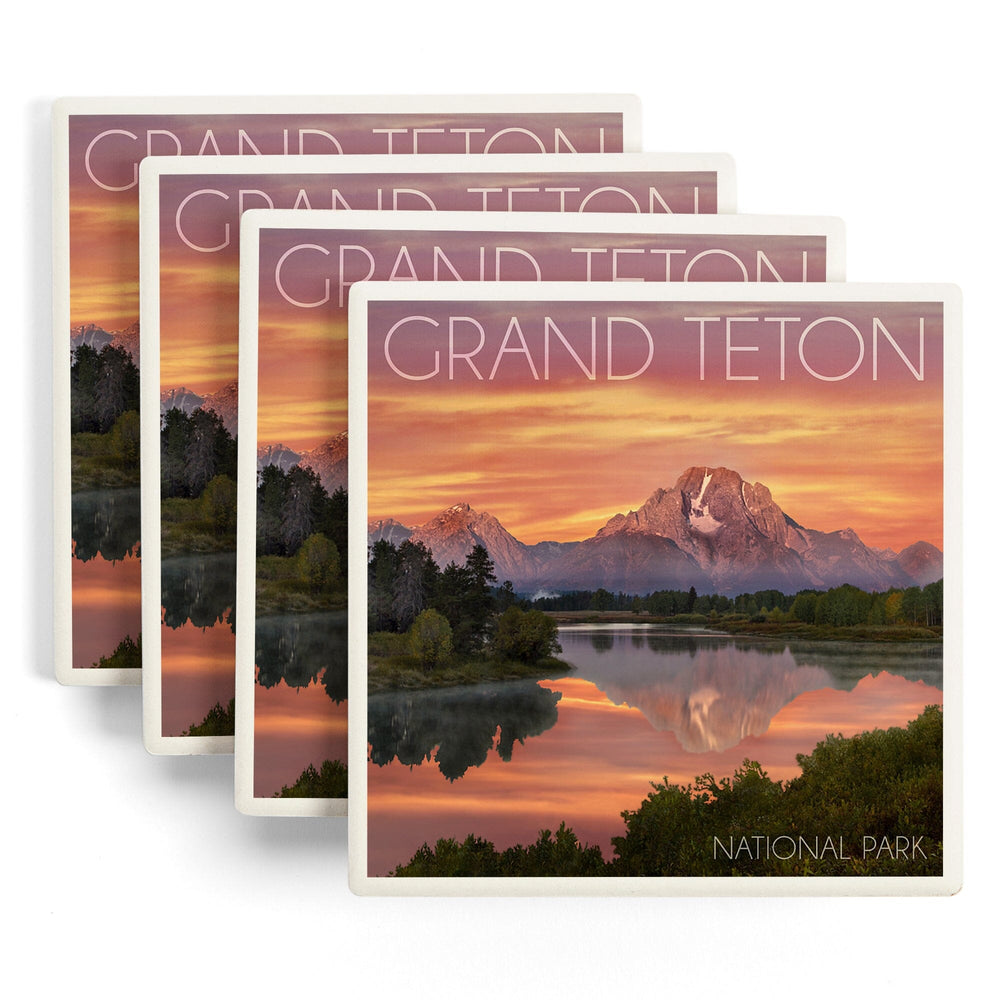 Grand Teton National Park, Wyoming, Sunset and Mountains, Coasters Coasters Lantern Press 