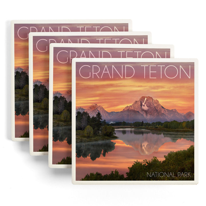 Grand Teton National Park, Wyoming, Sunset and Mountains, Coasters Coasters Lantern Press 