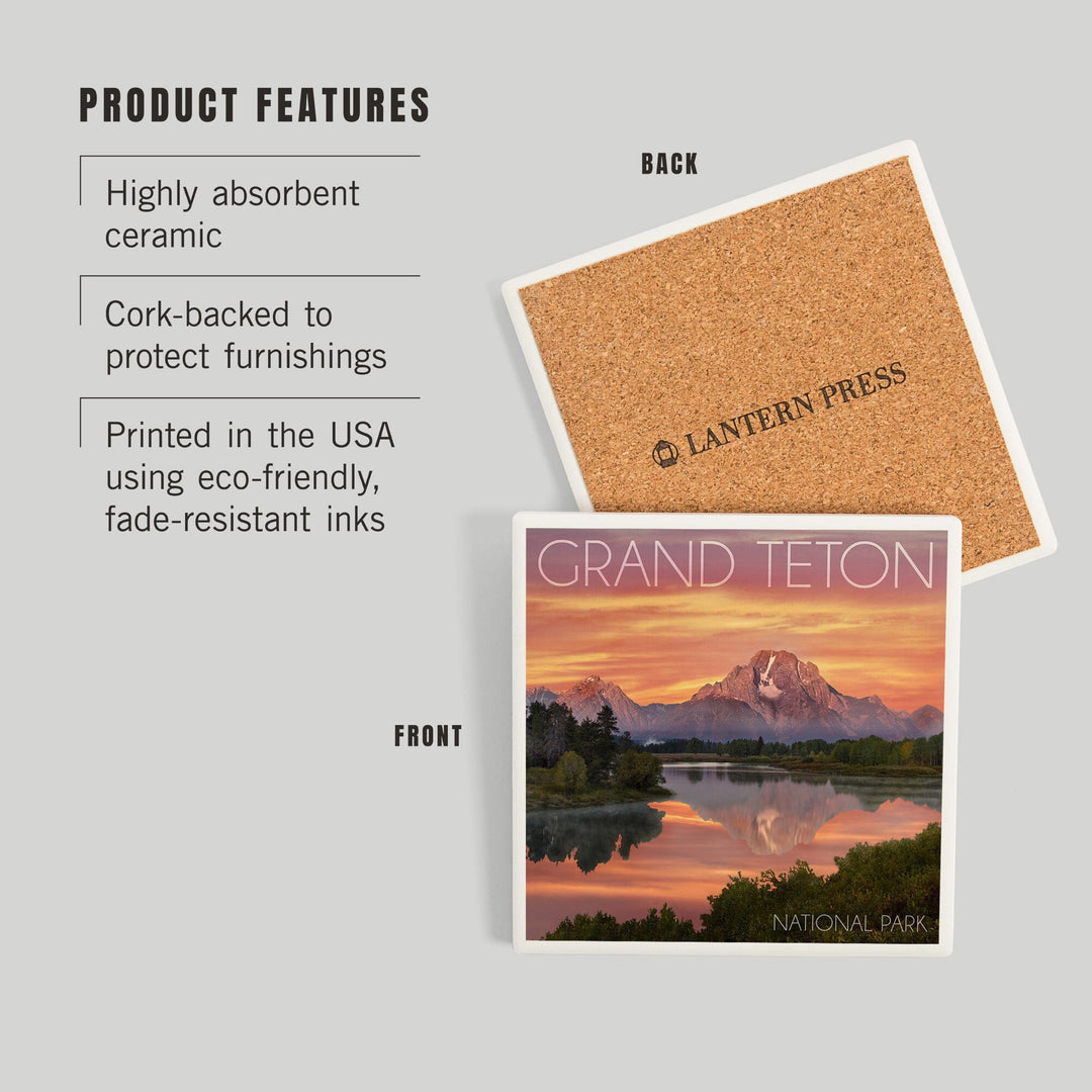 Grand Teton National Park, Wyoming, Sunset and Mountains, Coasters Coasters Lantern Press 