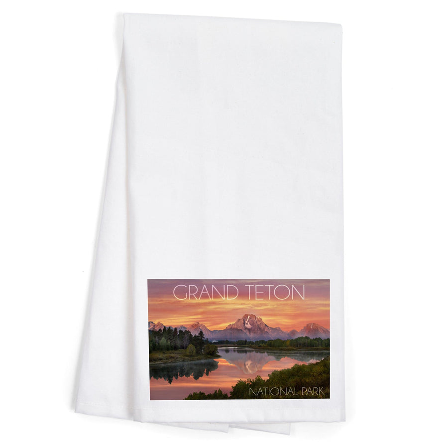 Grand Teton National Park, Wyoming, Sunset and Mountains, Organic Cotton Kitchen Tea Towels Kitchen Lantern Press 