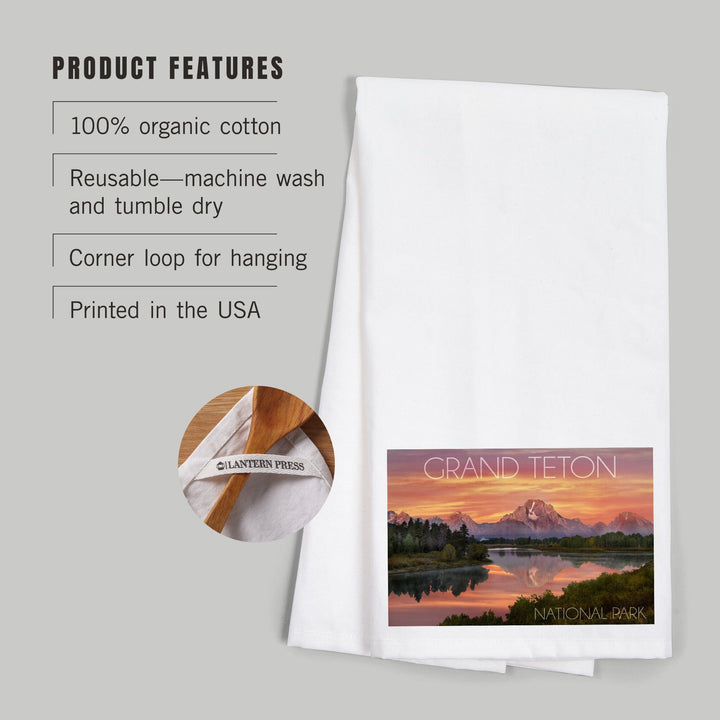 Grand Teton National Park, Wyoming, Sunset and Mountains, Organic Cotton Kitchen Tea Towels Kitchen Lantern Press 
