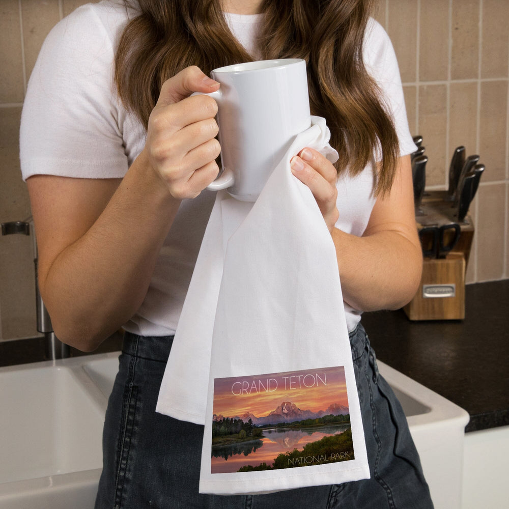 Grand Teton National Park, Wyoming, Sunset and Mountains, Organic Cotton Kitchen Tea Towels Kitchen Lantern Press 