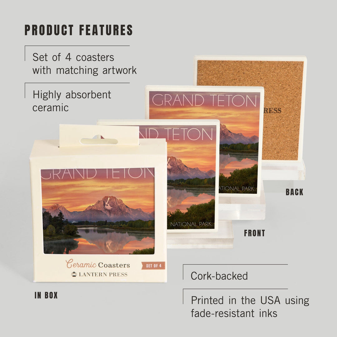 Grand Teton National Park, Wyoming, Sunset & Mountains, Lantern Press Photography, Coaster Set - Lantern Press