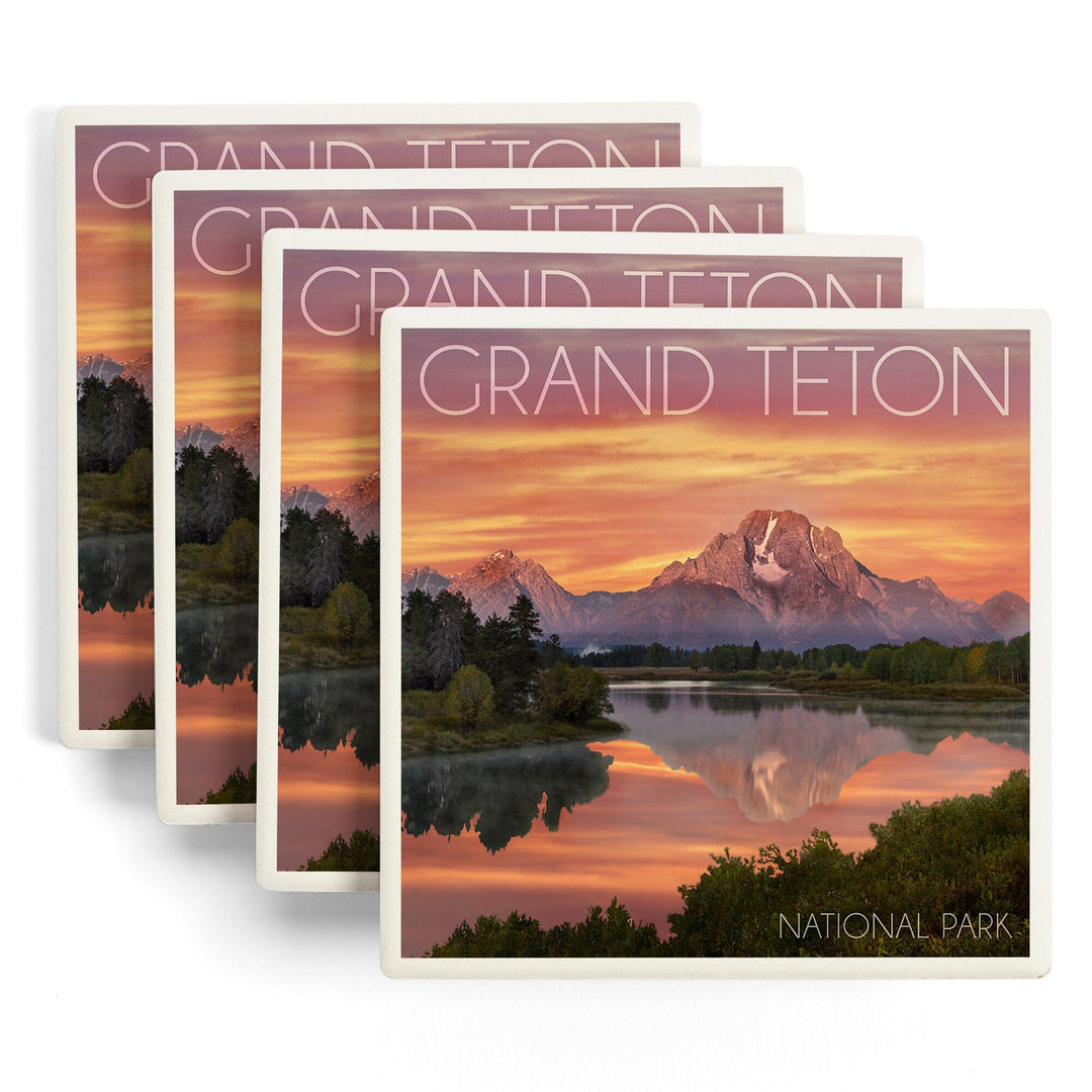 Grand Teton National Park, Wyoming, Sunset & Mountains, Lantern Press Photography, Coaster Set - Lantern Press