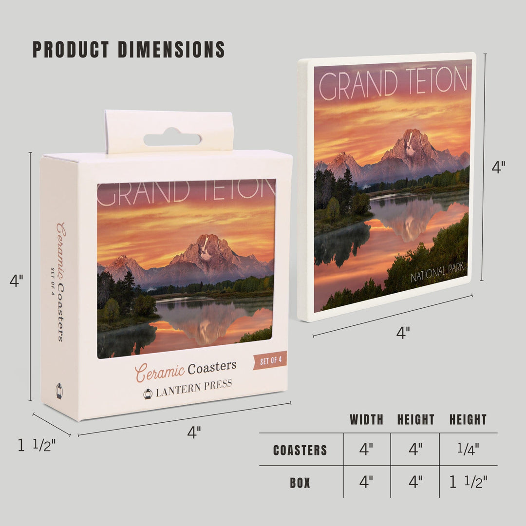 Grand Teton National Park, Wyoming, Sunset & Mountains, Lantern Press Photography, Coaster Set - Lantern Press