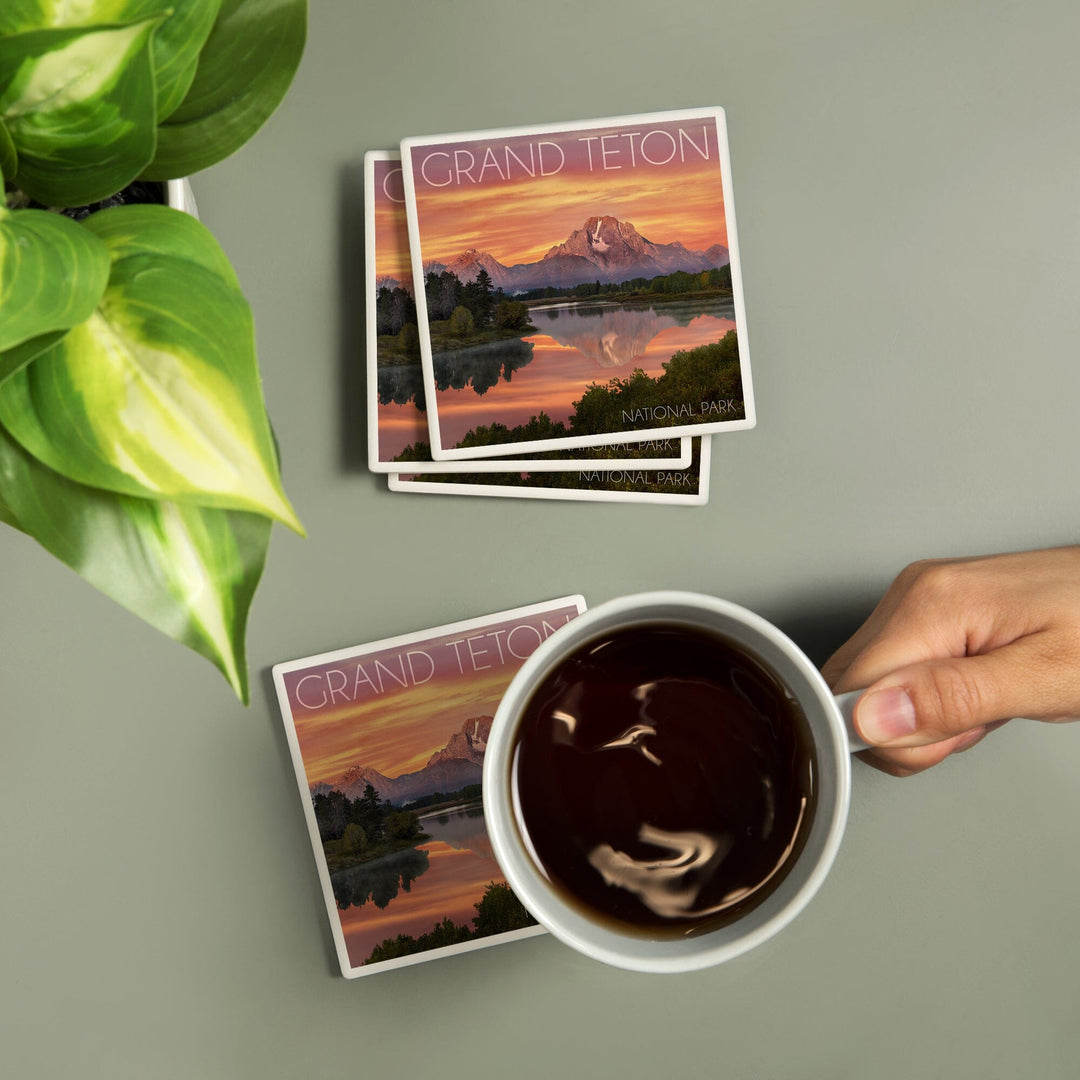 Grand Teton National Park, Wyoming, Sunset & Mountains, Lantern Press Photography, Coaster Set - Lantern Press