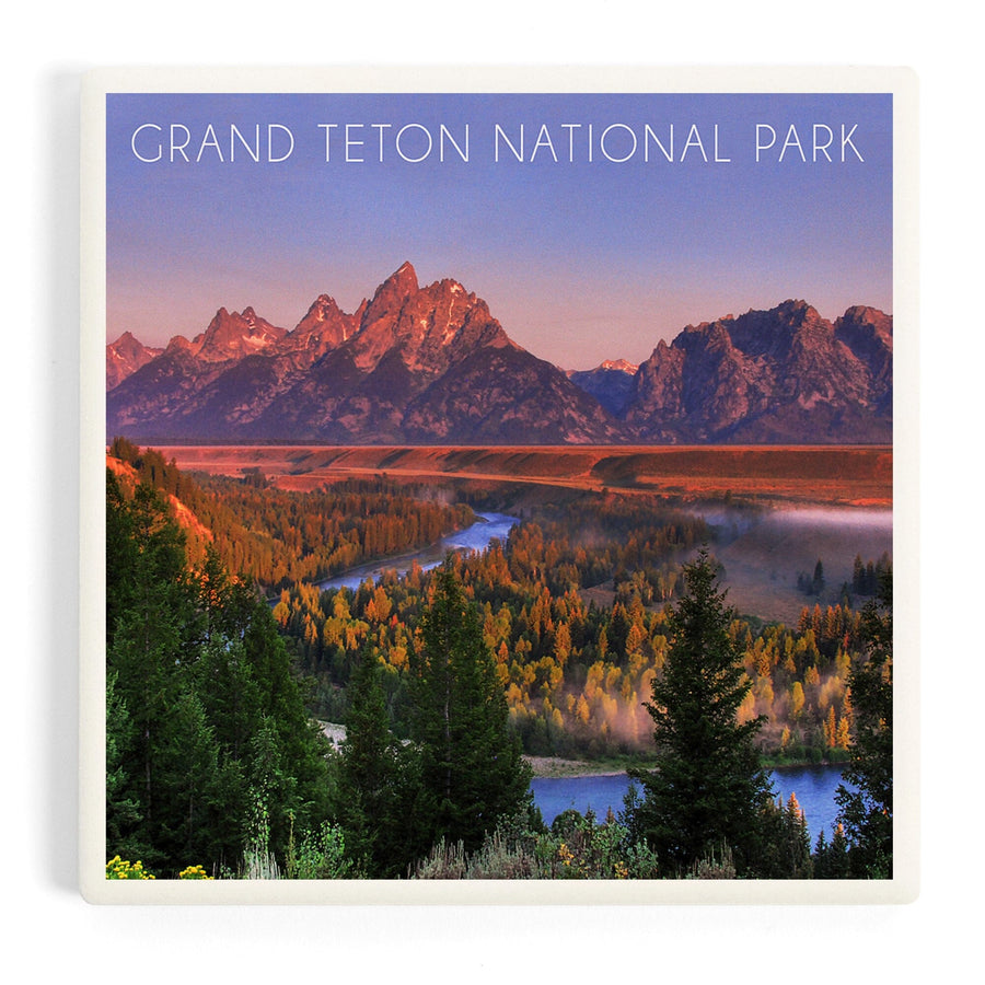 Grand Teton National Park, Wyoming, Sunset River and Mountains, Coasters Coasters Lantern Press 