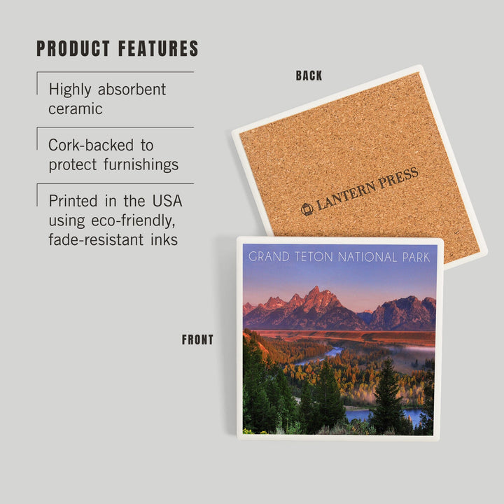 Grand Teton National Park, Wyoming, Sunset River and Mountains, Coasters Coasters Lantern Press 
