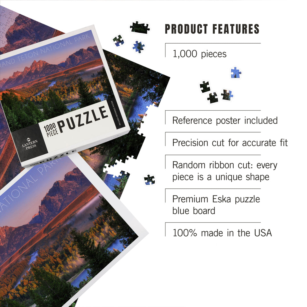 Grand Teton National Park, Wyoming, Sunset River and Mountains, Jigsaw Puzzle Puzzle Lantern Press 