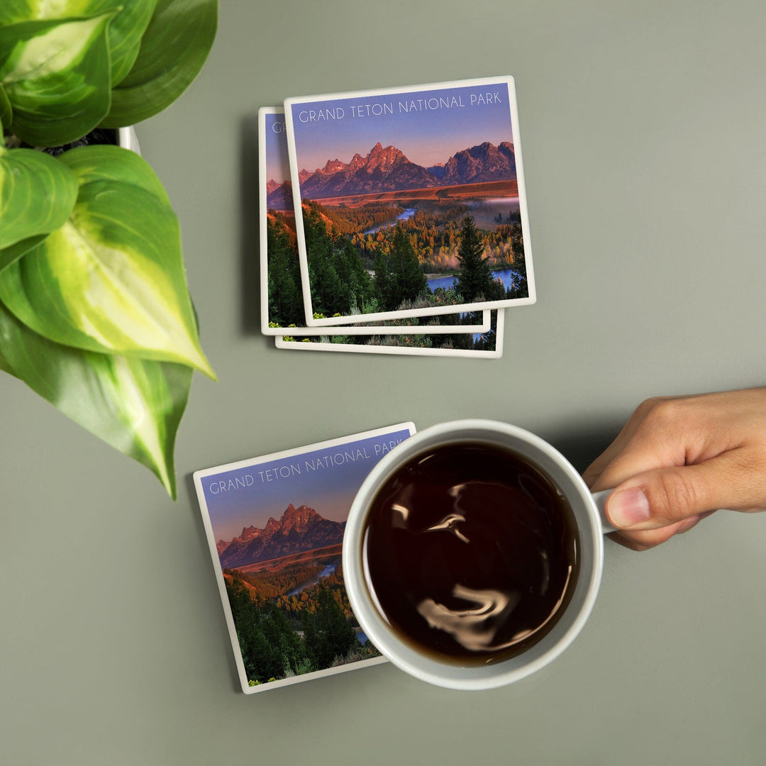 Grand Teton National Park, Wyoming, Sunset River & Mountains, Lantern Press Photography, Coaster Set - Lantern Press