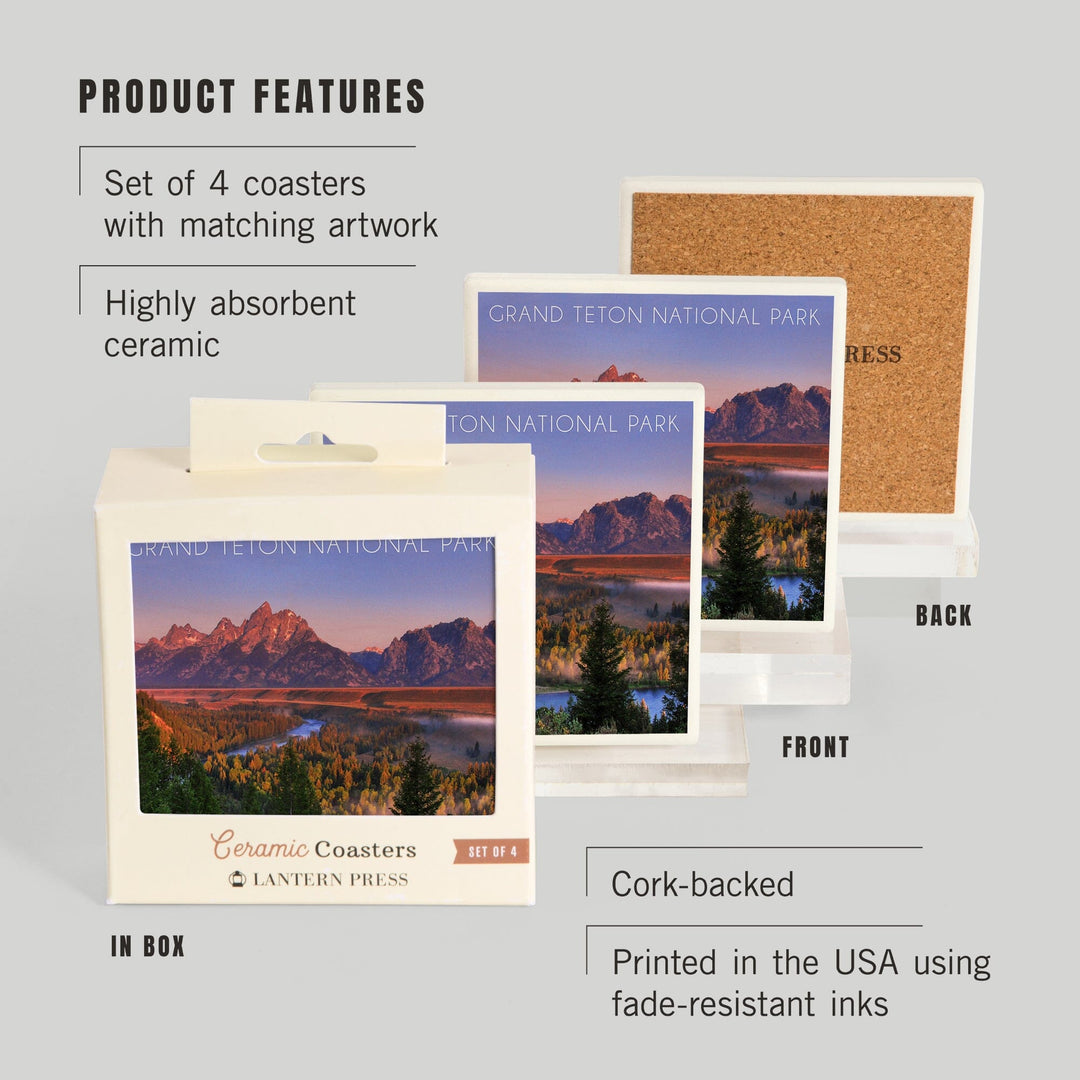 Grand Teton National Park, Wyoming, Sunset River & Mountains, Lantern Press Photography, Coaster Set - Lantern Press