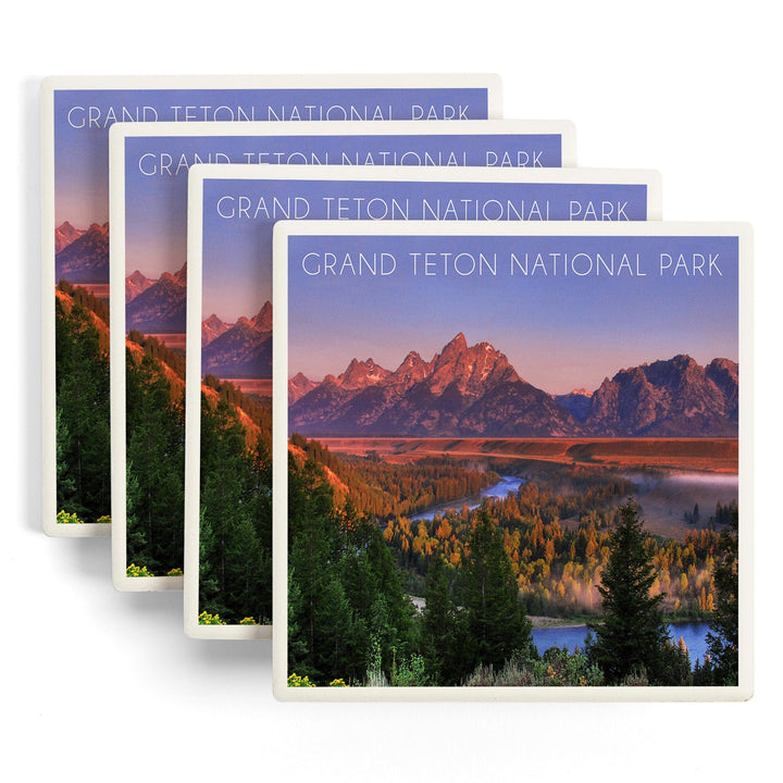 Grand Teton National Park, Wyoming, Sunset River & Mountains, Lantern Press Photography, Coaster Set - Lantern Press